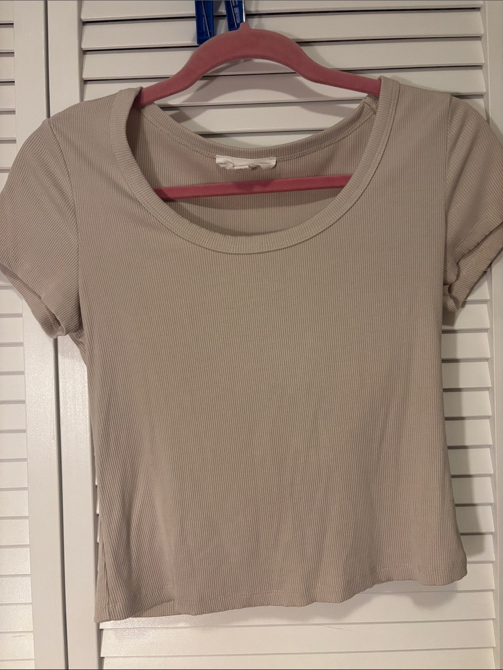 Pink Rose Beige Ribbed Short Sleeve Crewneck Top